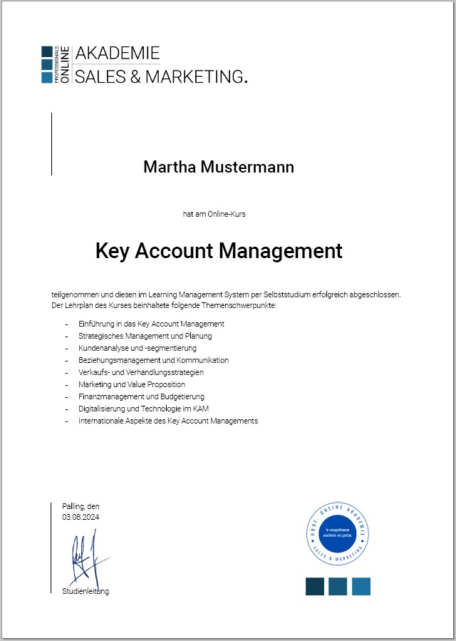 Fernkurs Key Account Manager als Zertifikatskurs berufsbegleitend im E-Learning studieren