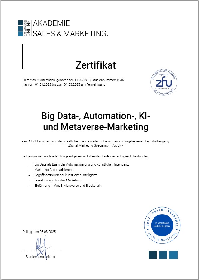 Zertifikatskurs Big Data, Automatisierung und KI Marketing Weiterbildung