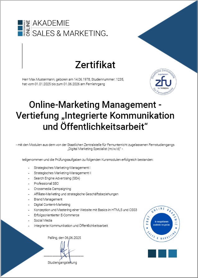 Musterzertifikat Fernstudium Online-Marketing Management mit Kommunikation und PR