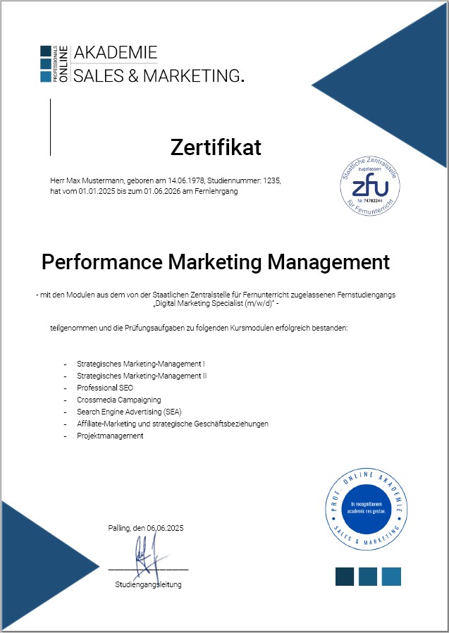 Musterzertifikat Fernstudium Performance Marketing Management