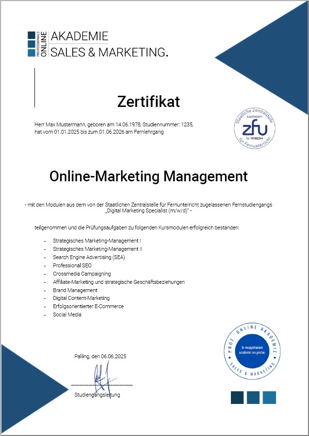 Musterzertifikat Fernstudium Online-Marketing Management